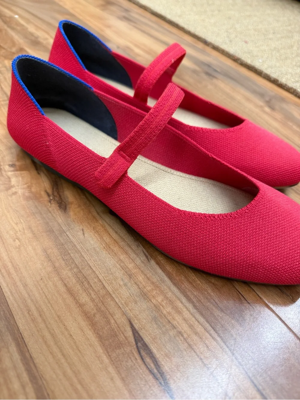Rothy's The Square Red Mary Jane Flats with Blue Trim - Picture 4 of 9